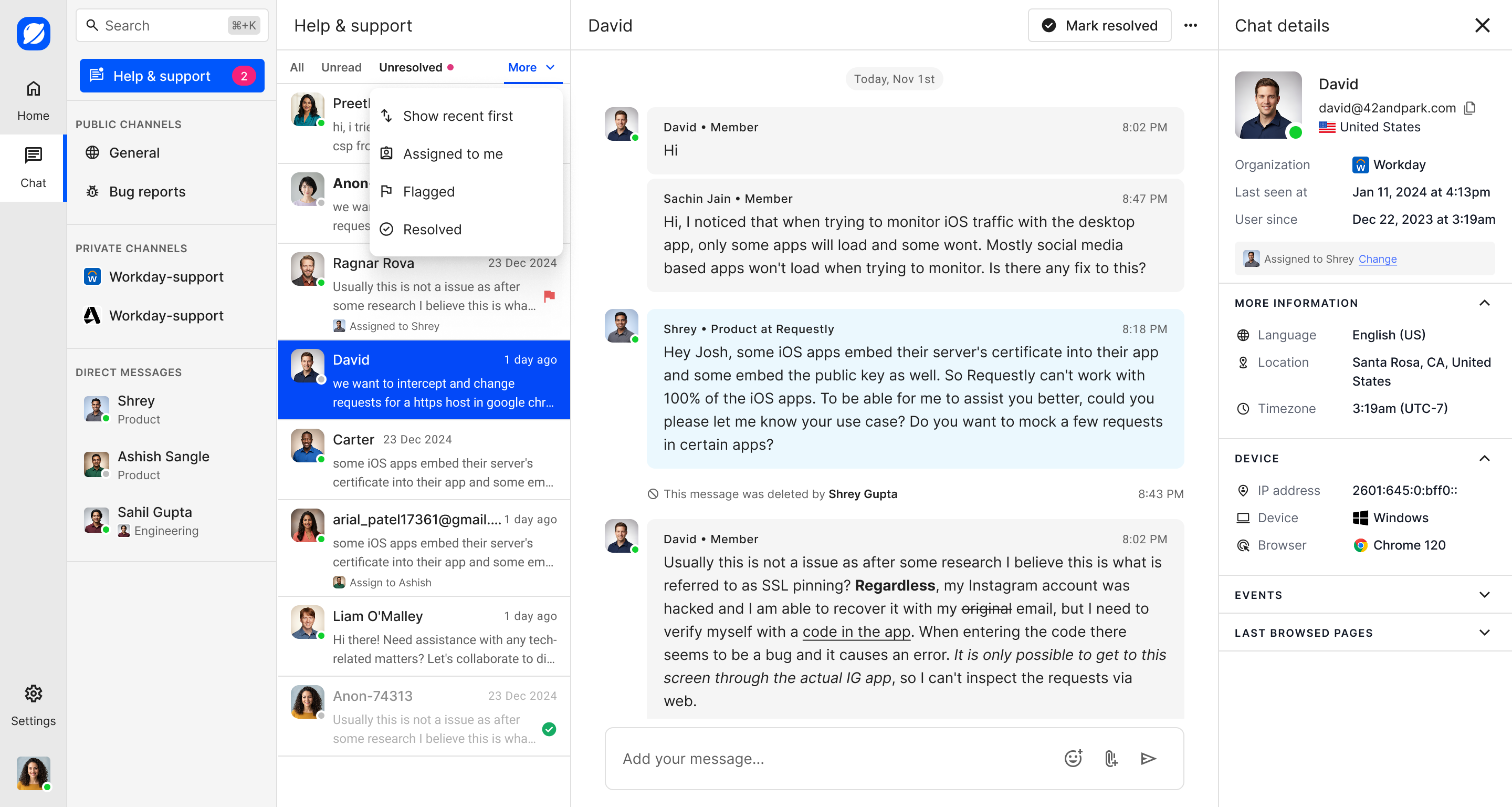 Inbox filter menu with assigned, flagged, and resolved options